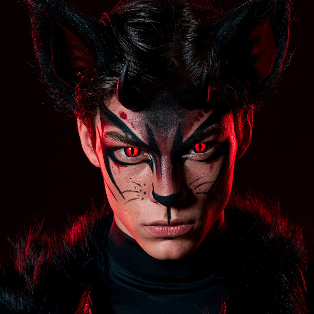 Maquillaje de gato con pupilentes rojos de pupila vertical