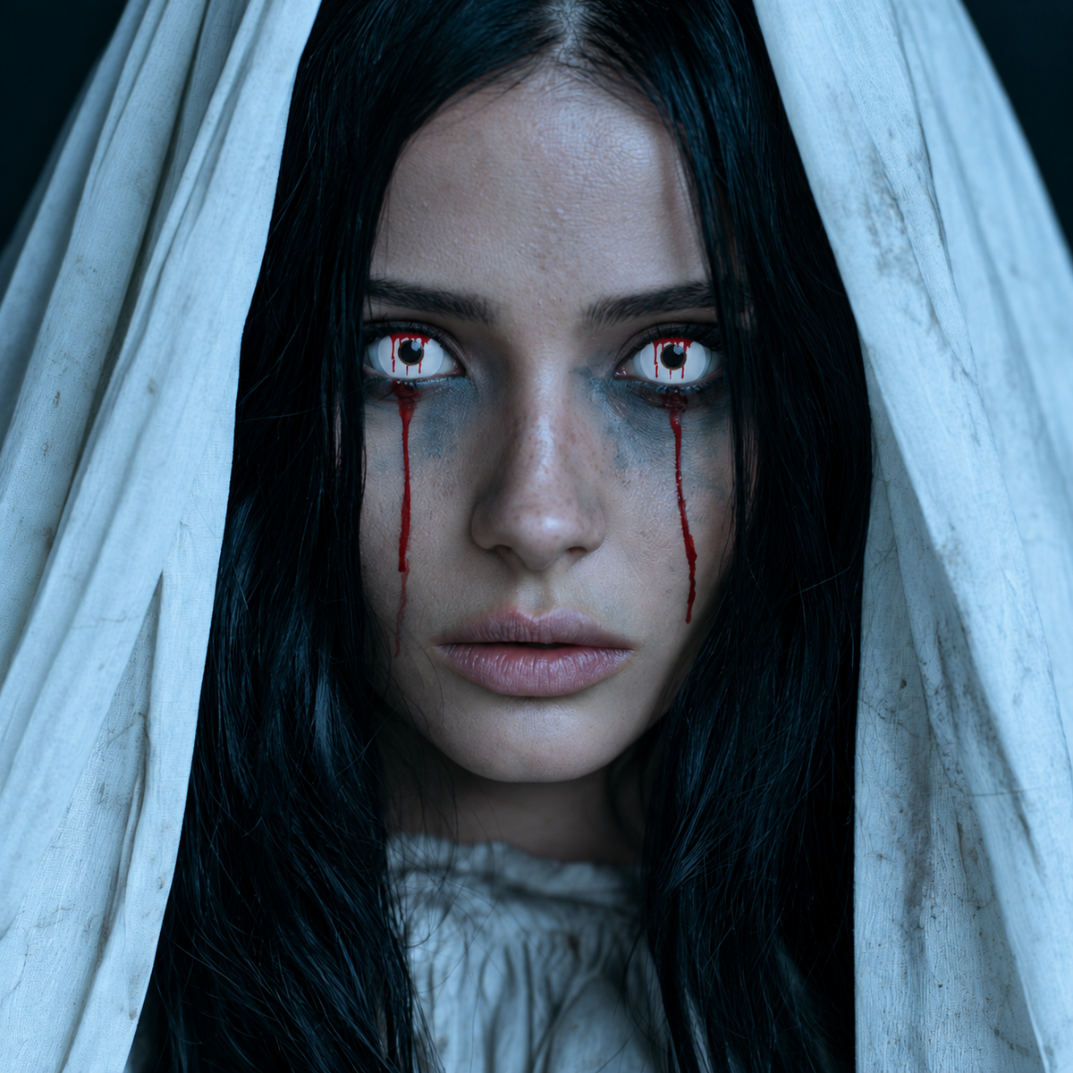 Personaje llorando sangre con pupilentes rojos