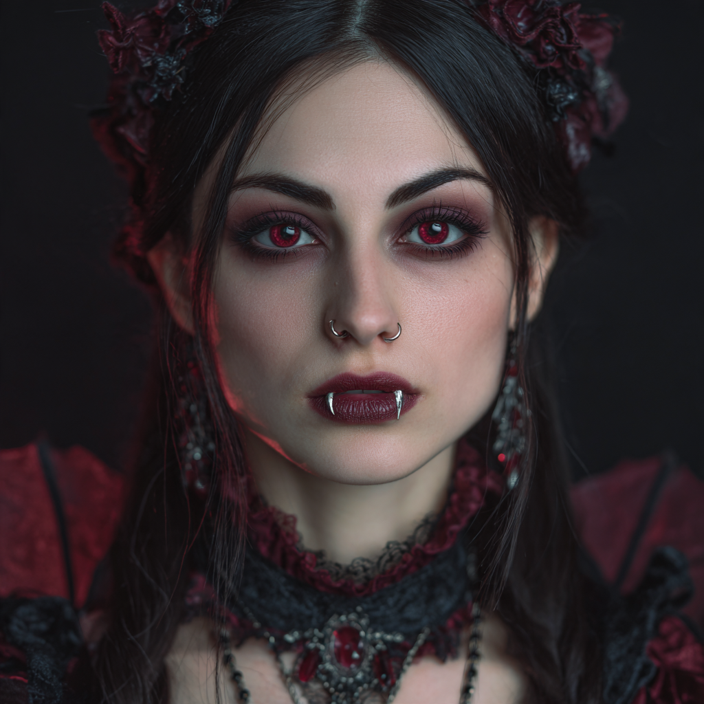 Vampiresa con colmillos y pupilentes rojos