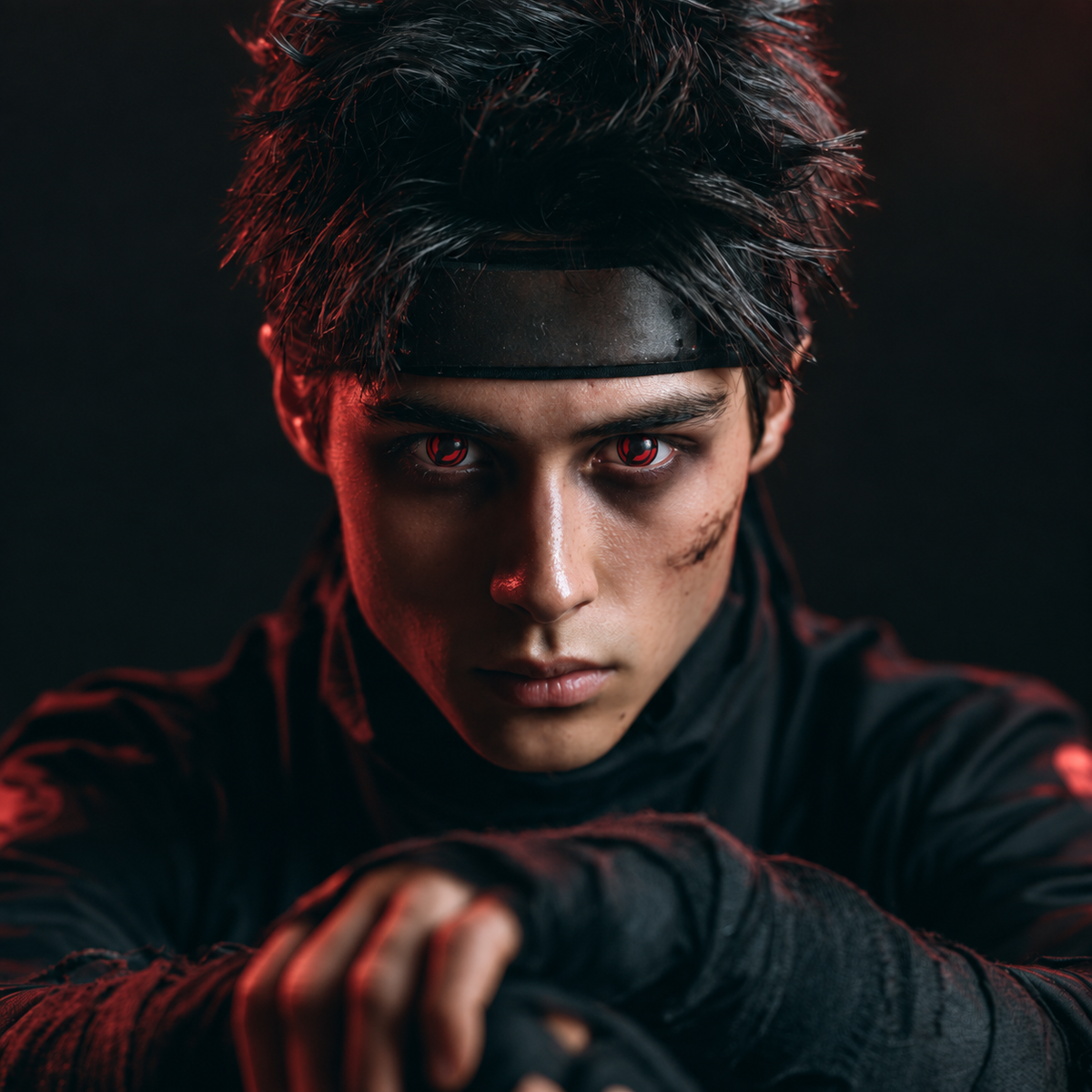 Cosplayer de anime con pupilentes rojos