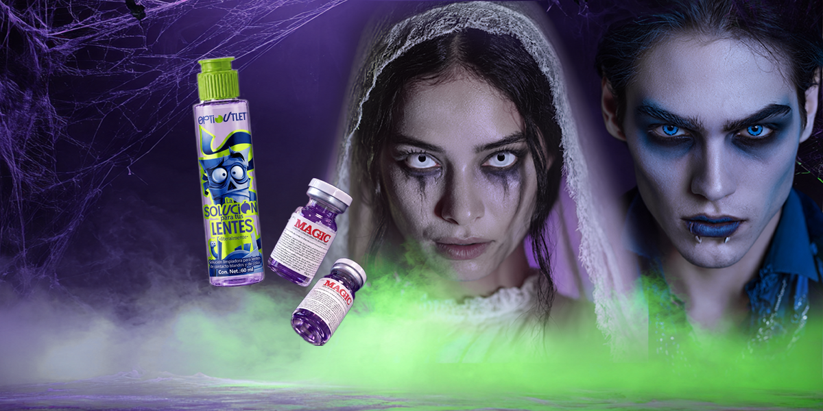 Novios zombis junto a la solución para lentes Optioutlet y dos viales de pupilentes MAGIC.