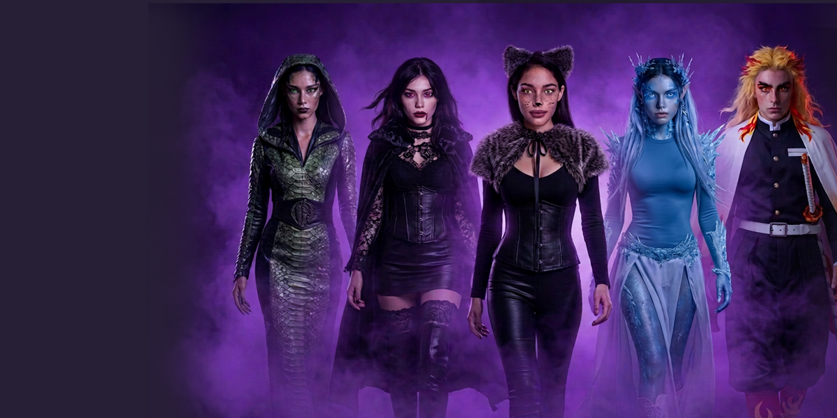 Cinco personajes de Halloween —bruja, vampiresa, gata, reina de hielo y guerrero— con pupilentes de fantasía Optioutlet.