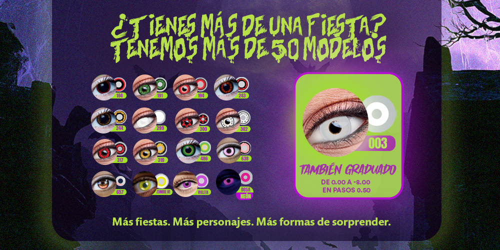 Más de 50 modelos de pupilentes, y uno también graduado de 0.00 a -8.00 en pasos de 0.50.