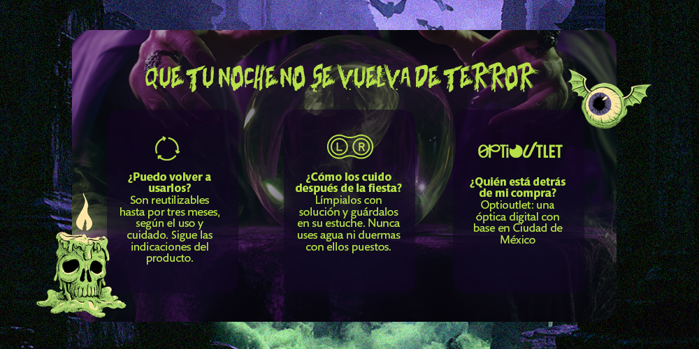 Que tu noche no se vuelva de terror: reutilizables hasta tres meses, cuidado con solución, y detrás una óptica con base en Ciudad de México.