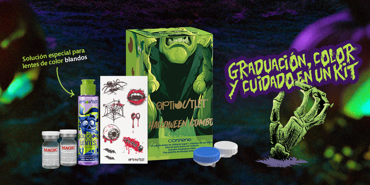 Graduación, color y cuidado en un kit: los dos viales, la solución para lentes de color, la planilla de tatuajes y el estuche.