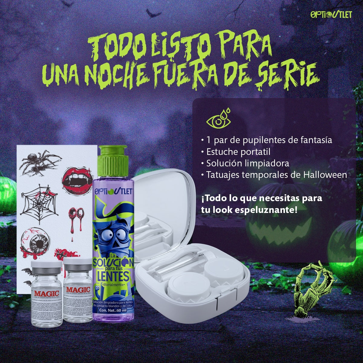 Contenido del kit: un par de pupilentes de fantasía, el kit de espejo Optioutlet con chupón y pinzas, solución limpiadora de 60 ml y una planilla de tatuajes temporales de Halloween.