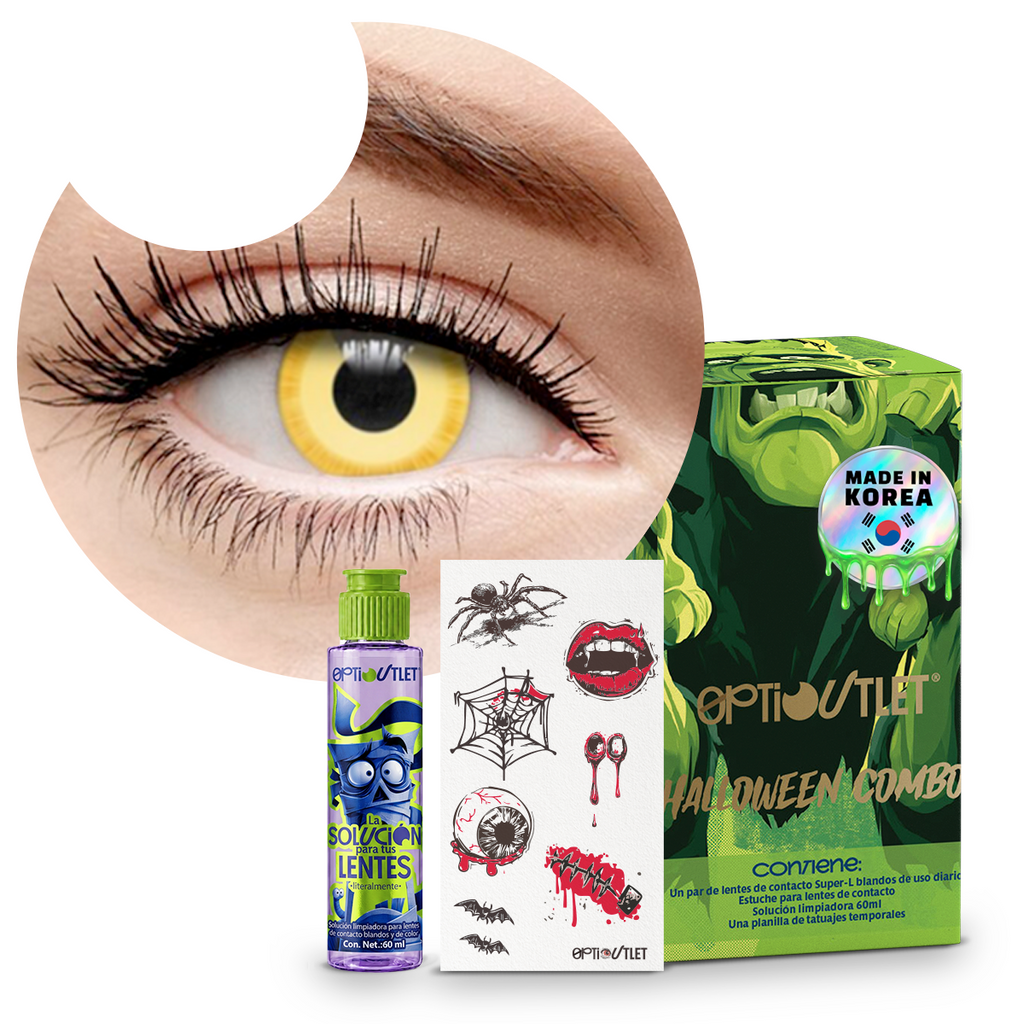 Combo Halloween Amarillo Avatar: pupilentes de fantasía, estuche, solución limpiadora y tatuajes temporales