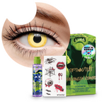 Combo Halloween Amarillo Avatar: pupilentes de fantasía, estuche, solución limpiadora y tatuajes temporales