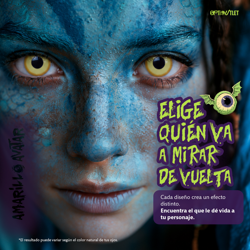 Modelo caracterizado con los pupilentes de fantasía Amarillo Avatar