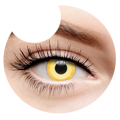 Primer plano del ojo con los pupilentes Amarillo Avatar de Optioutlet puestos
