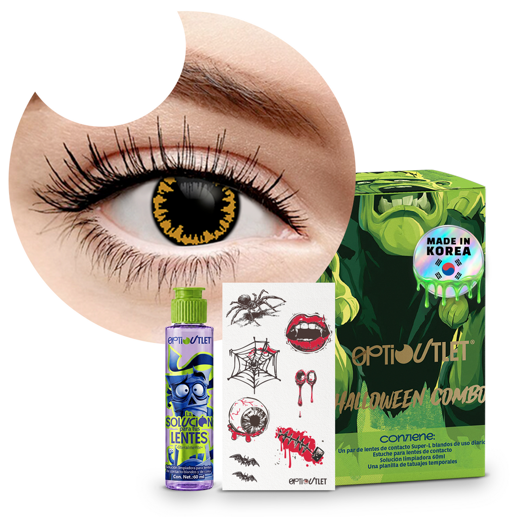 Combo Halloween Amarillo Crepúsculo: pupilentes de fantasía, estuche, solución limpiadora y tatuajes temporales