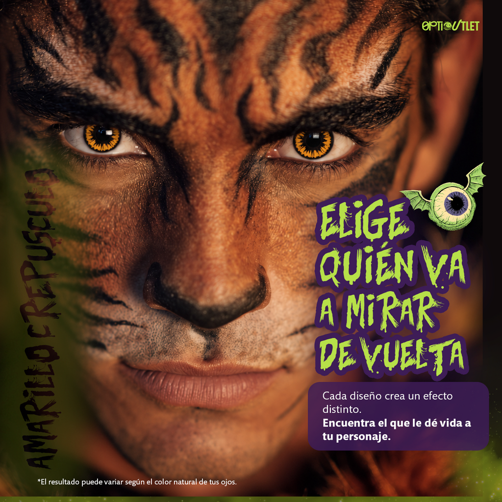 Modelo caracterizado con los pupilentes de fantasía Amarillo Crepúsculo