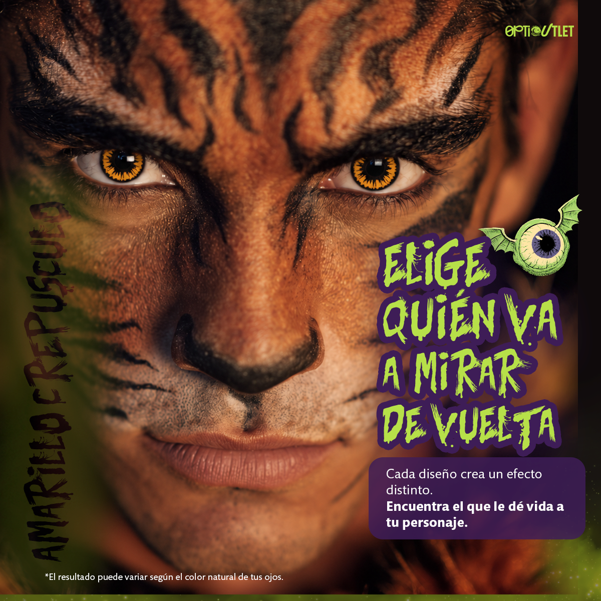 Modelo caracterizado con los pupilentes de fantasía Amarillo Crepúsculo