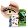 Combo Halloween Amarillo Gato: pupilentes de fantasía, estuche, solución limpiadora y tatuajes temporales