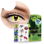 Combo Halloween Amarillo Gato: pupilentes de fantasía, estuche, solución limpiadora y tatuajes temporales