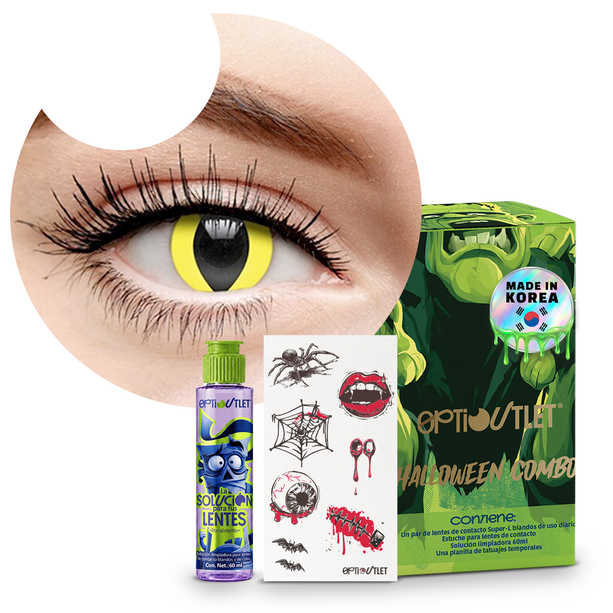 Combo Halloween Amarillo Gato: pupilentes de fantasía, estuche, solución limpiadora y tatuajes temporales