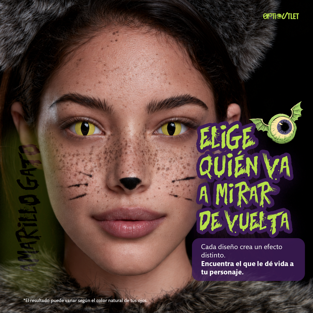 Modelo caracterizado con los pupilentes de fantasía Amarillo Gato