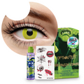 Combo Halloween Amarillo Glow: pupilentes de fantasía, estuche, solución limpiadora y tatuajes temporales