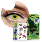 Combo Halloween Amarillo Glow: pupilentes de fantasía, estuche, solución limpiadora y tatuajes temporales