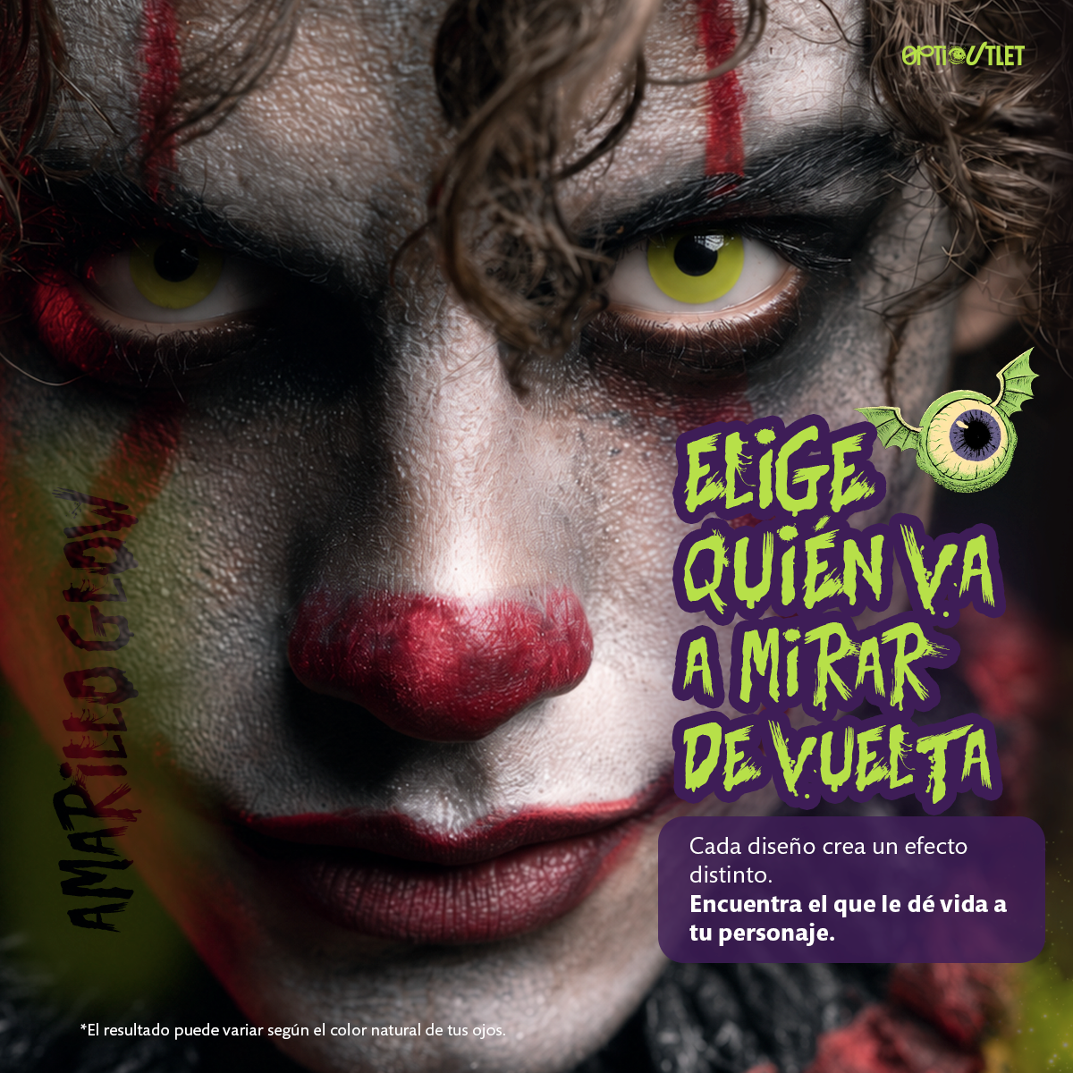 Modelo caracterizado con los pupilentes de fantasía Amarillo Glow