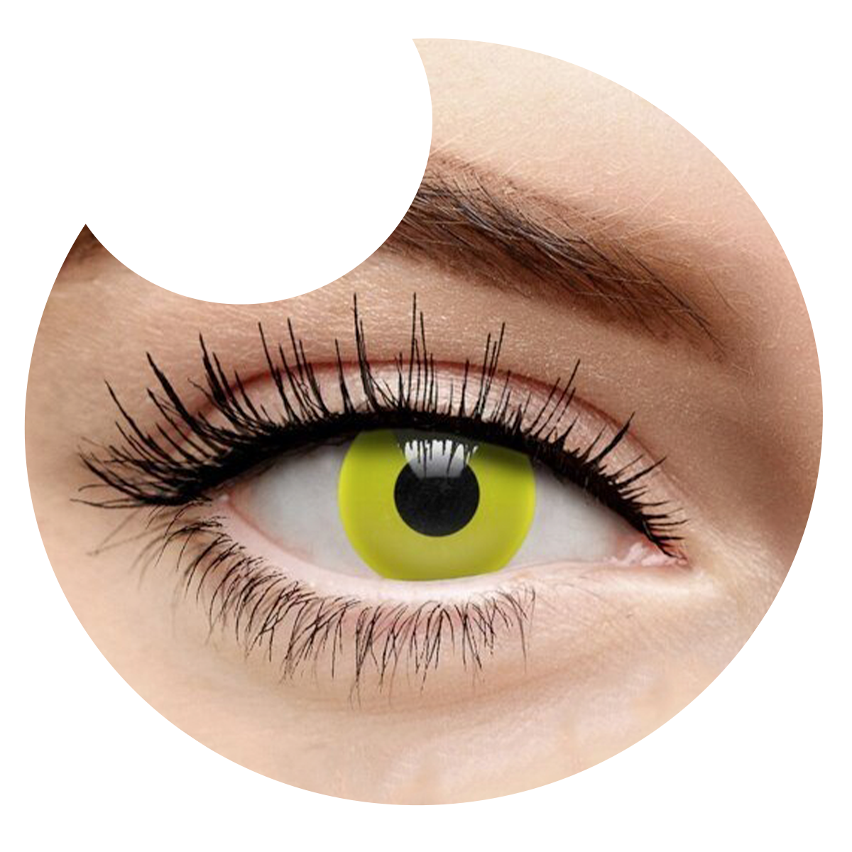 Primer plano del ojo con los pupilentes Amarillo Glow de Optioutlet puestos