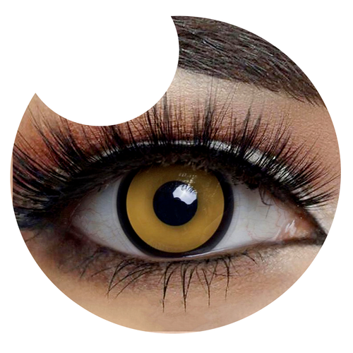 Primer plano del ojo con los pupilentes Amarillo Manson de Optioutlet puestos