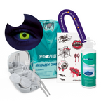 Combo Halloween Amarillo Neón: pupilentes, estuche, solución y tatuajes temporales