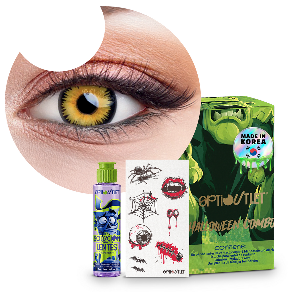 Combo Halloween Amarillo Vampiro: pupilentes de fantasía, estuche, solución limpiadora y tatuajes temporales