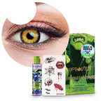 Combo Halloween Amarillo Vampiro: pupilentes de fantasía, estuche, solución limpiadora y tatuajes temporales