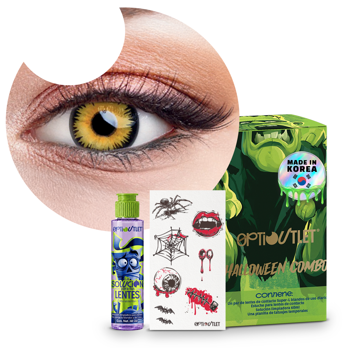 Combo Halloween Amarillo Vampiro: pupilentes de fantasía, estuche, solución limpiadora y tatuajes temporales