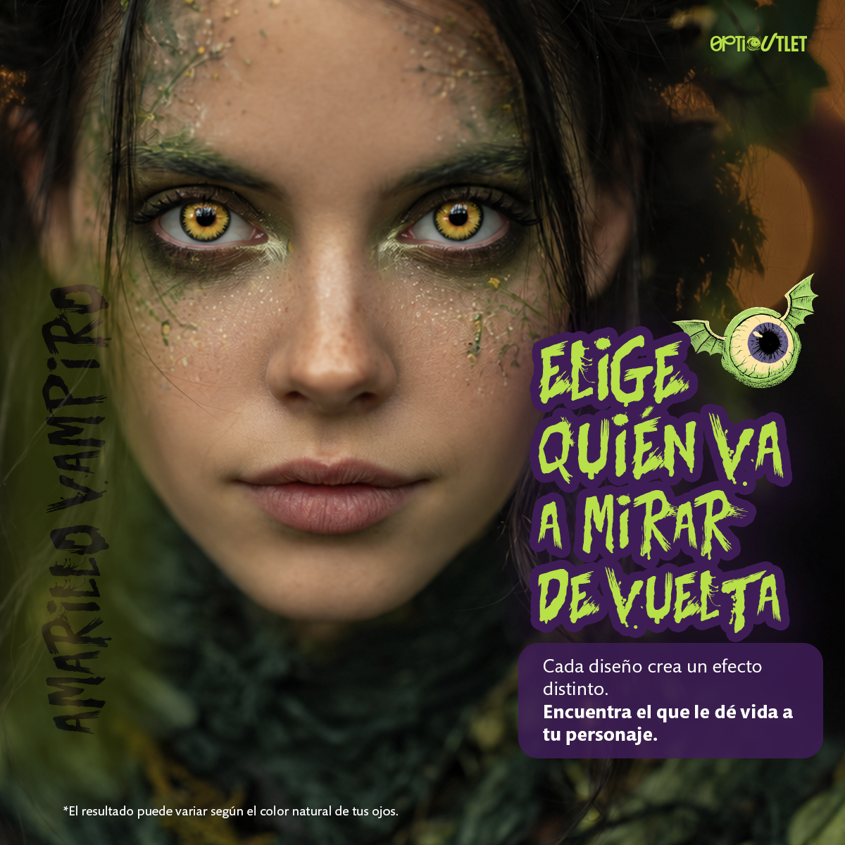 Modelo caracterizado con los pupilentes de fantasía Amarillo Vampiro