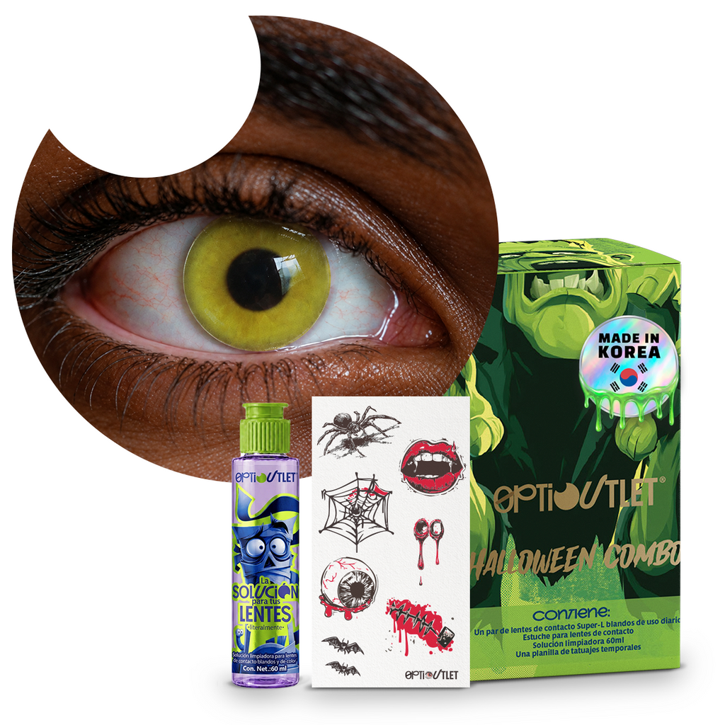 Combo Halloween Amarillo Zombie: pupilentes de fantasía, estuche, solución limpiadora y tatuajes temporales