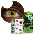 Combo Halloween Amarillo Zombie: pupilentes de fantasía, estuche, solución limpiadora y tatuajes temporales