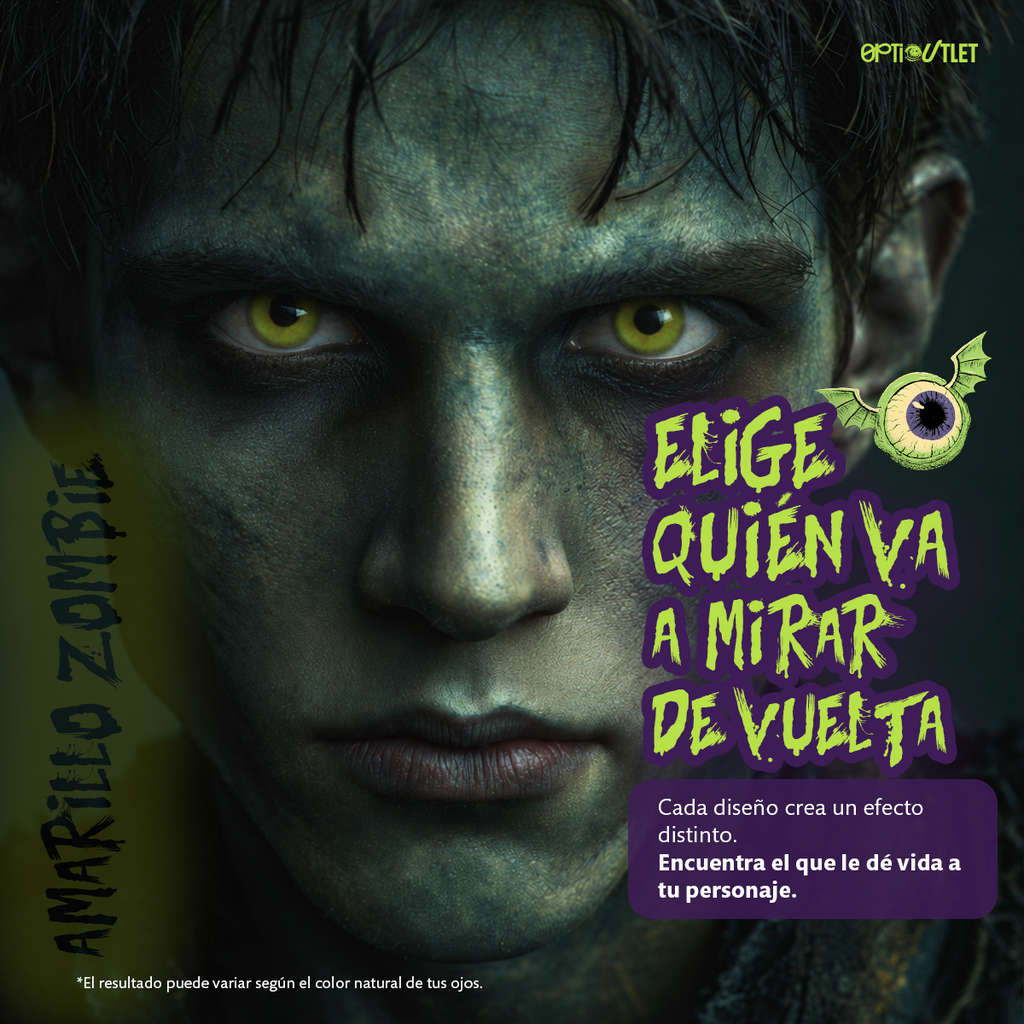Modelo caracterizado con los pupilentes de fantasía Amarillo Zombie