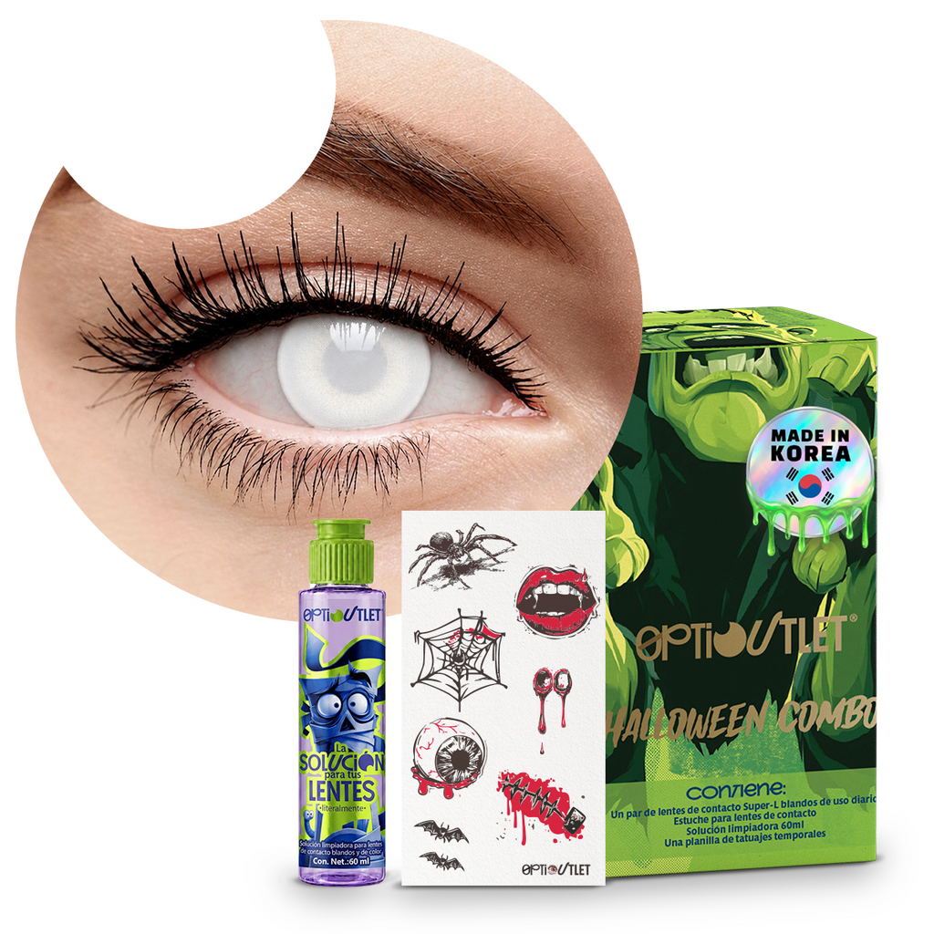 Combo Halloween Ángel Ciego: pupilentes de fantasía, estuche, solución limpiadora y tatuajes temporales