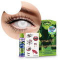 Combo Halloween Ángel Ciego: pupilentes de fantasía, estuche, solución limpiadora y tatuajes temporales