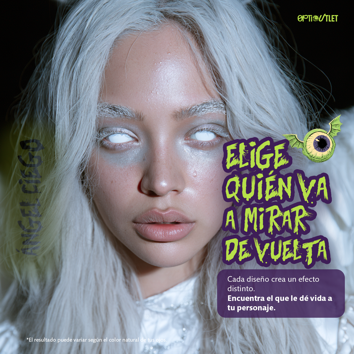 Modelo caracterizado con los pupilentes de fantasía Ángel Ciego