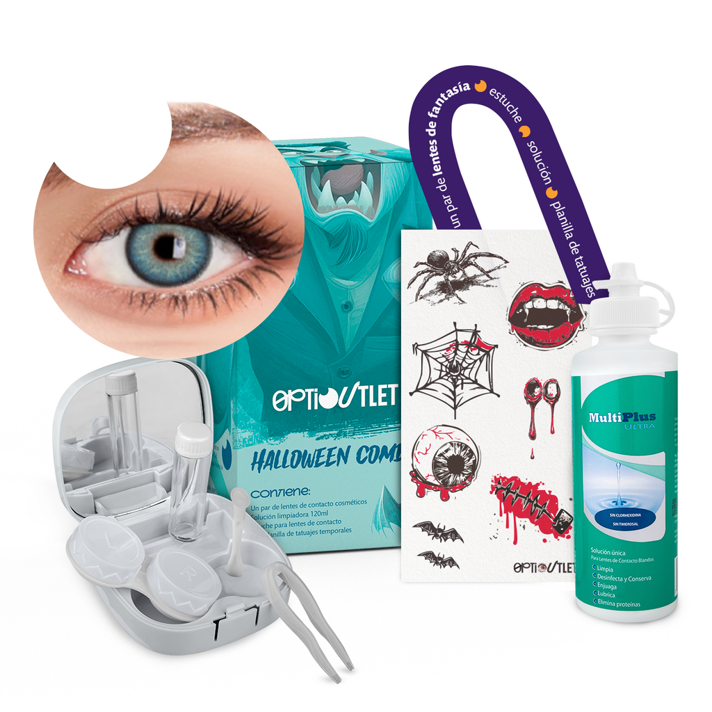 Combo Halloween Aqua Satoru: pupilentes, estuche, solución y tatuajes temporales
