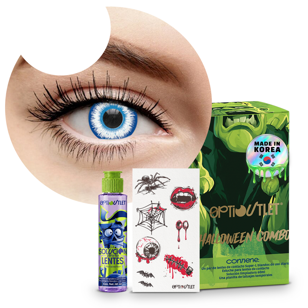 Combo Halloween Azul Elfo: pupilentes de fantasía, estuche, solución limpiadora y tatuajes temporales