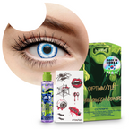 Combo Halloween Azul Elfo: pupilentes de fantasía, estuche, solución limpiadora y tatuajes temporales
