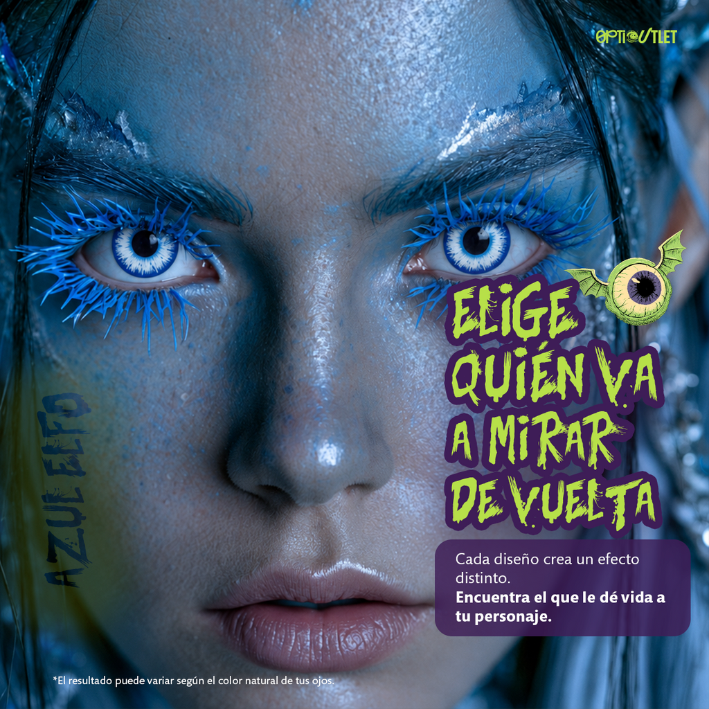 Modelo caracterizado con los pupilentes de fantasía Azul Elfo