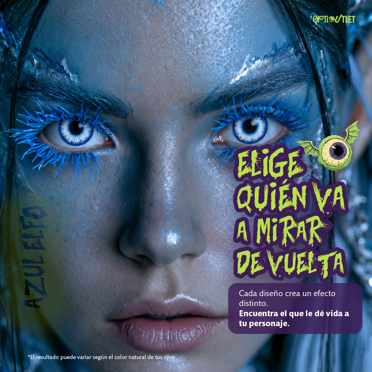Modelo caracterizado con los pupilentes de fantasía Azul Elfo