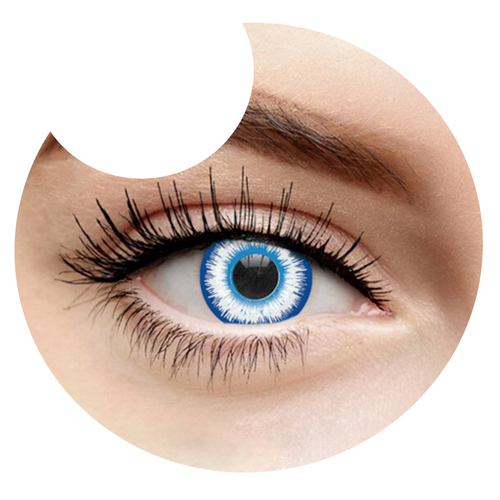 Primer plano del ojo con los pupilentes Azul Elfo de Optioutlet puestos