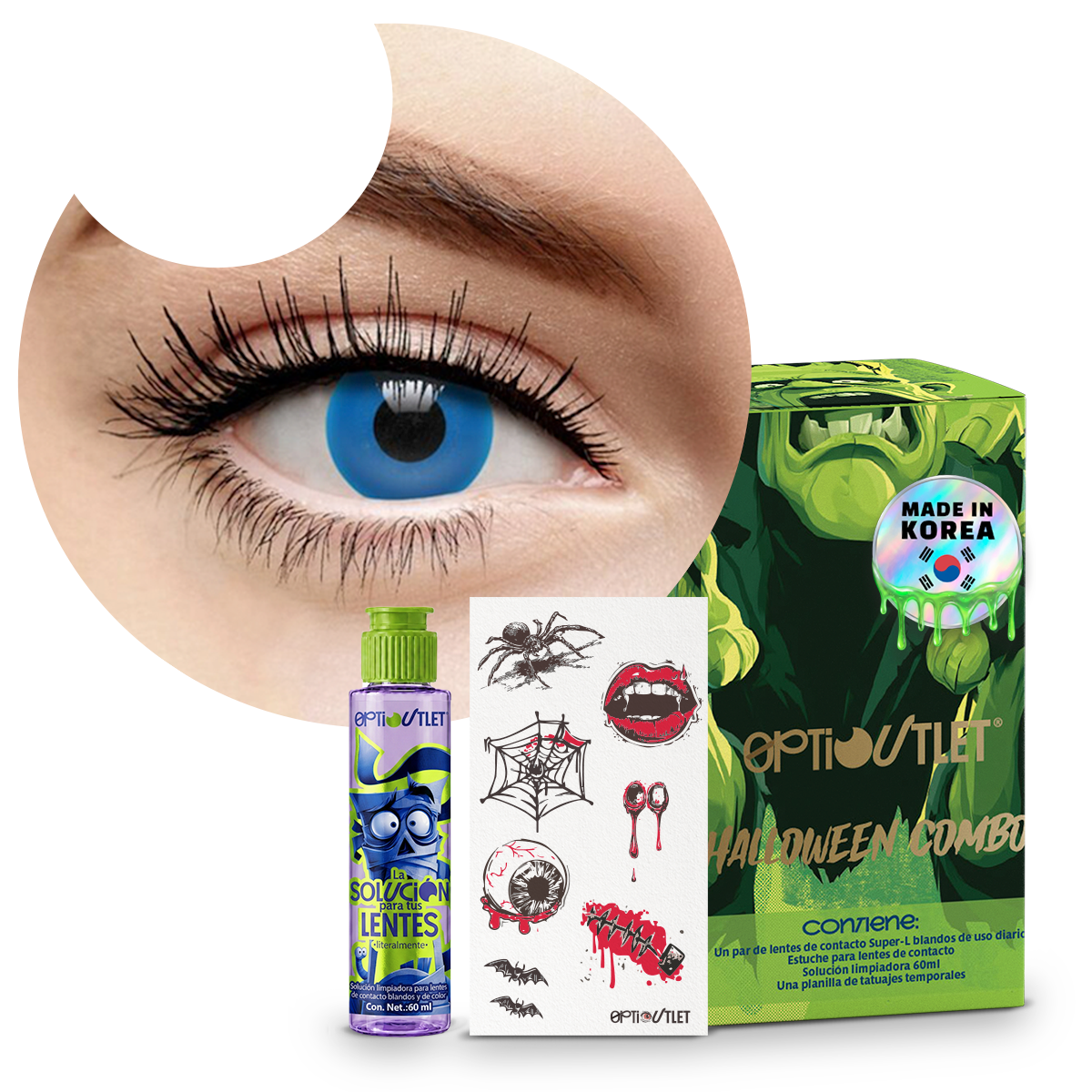 Combo Halloween Azul Glow: pupilentes de fantasía, estuche, solución limpiadora y tatuajes temporales