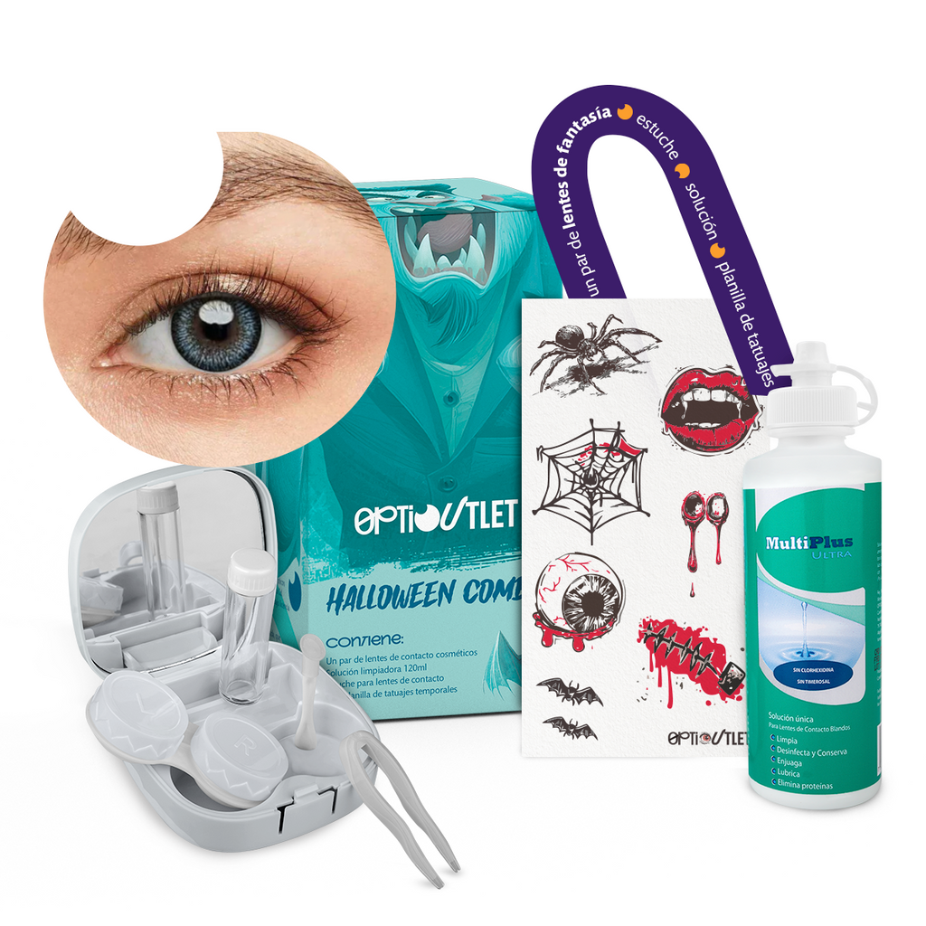Combo Halloween Azul Mercury: pupilentes, estuche, solución y tatuajes temporales