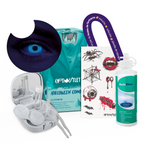 Combo Halloween Azul Neón: pupilentes, estuche, solución y tatuajes temporales