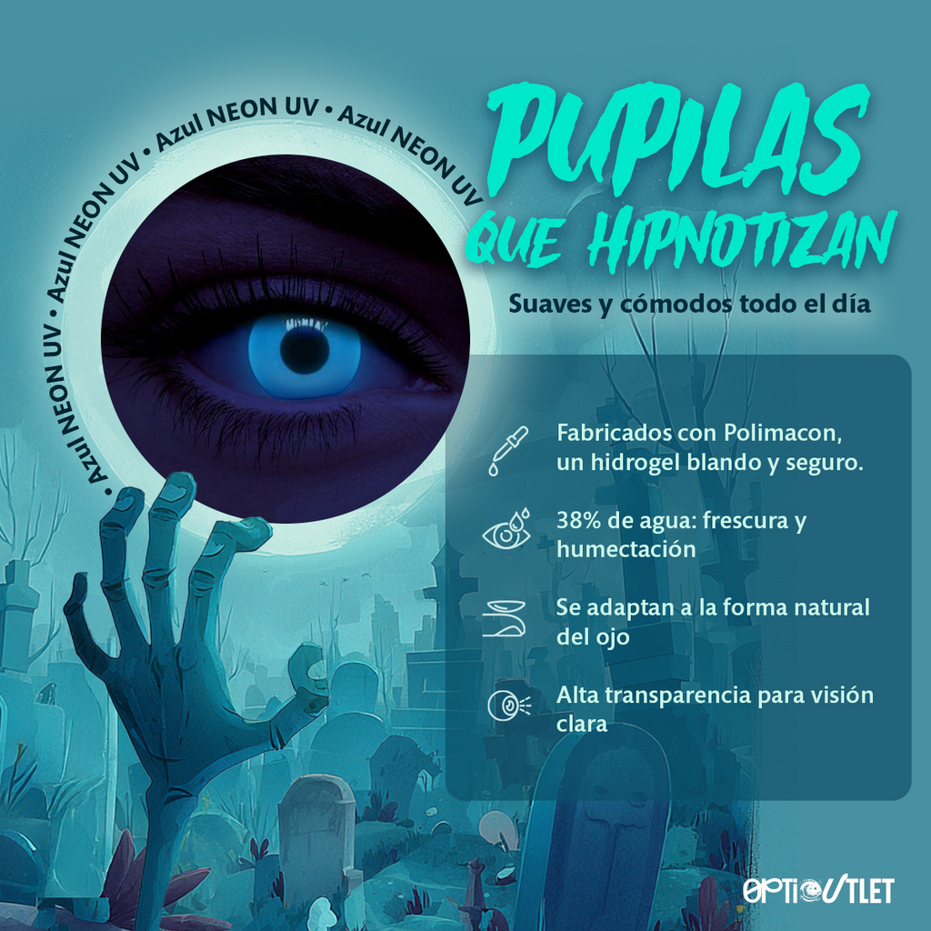 Ficha técnica de los pupilentes Azul Neón: Polimacon, 38% de agua