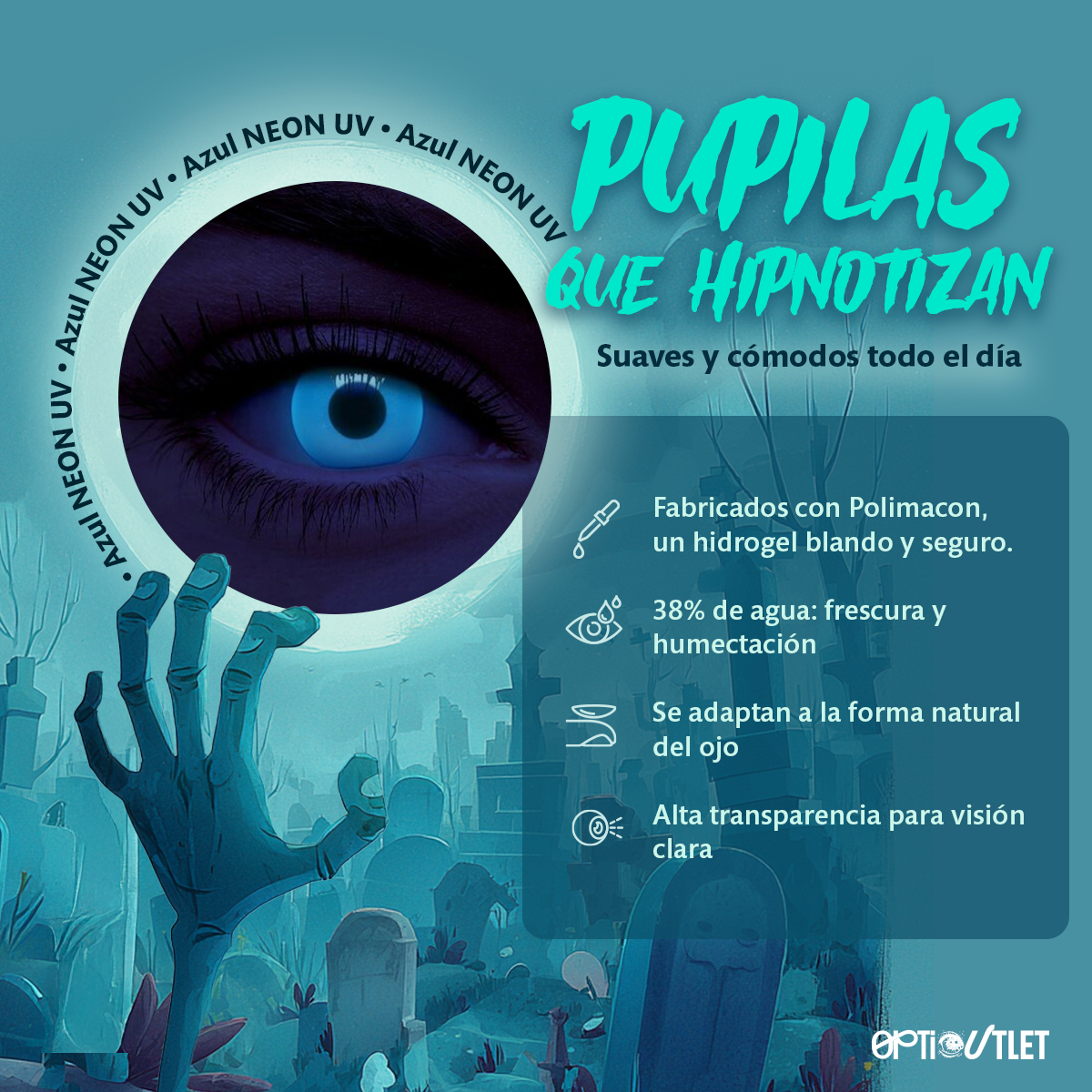Ficha técnica de los pupilentes Azul Neón: Polimacon, 38% de agua