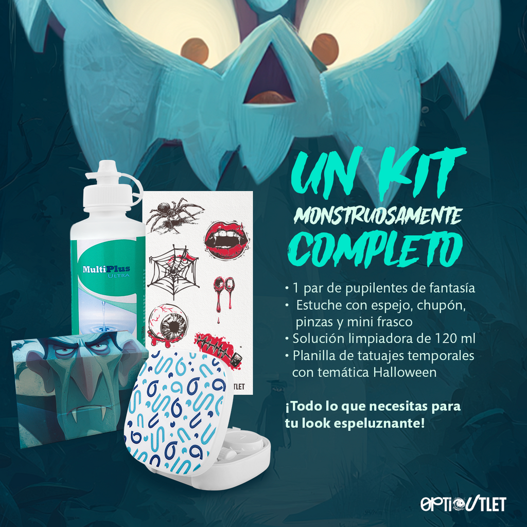 Contenido del kit Azul Neón: pupilentes, estuche con espejo, solución de 120 ml y tatuajes temporales