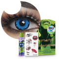 Combo Halloween Azul Vampiro: pupilentes de fantasía, estuche, solución limpiadora y tatuajes temporales